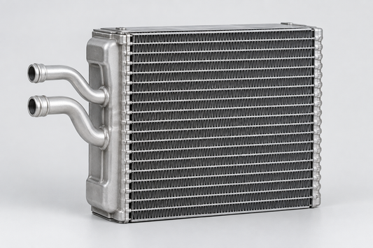 Illustration of a car AC evaporator with aluminium fins and refrigerant pipes