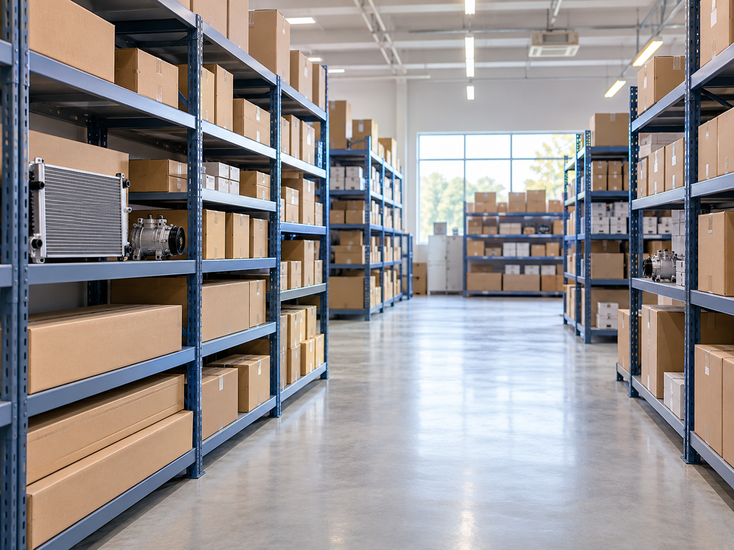 Warehouse shelves with automotive air conditioning parts